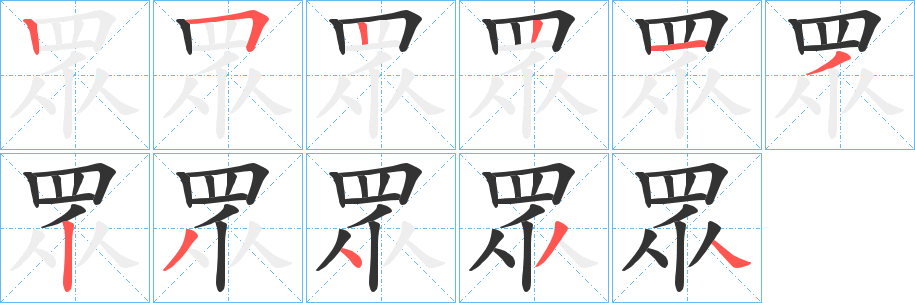 眾字的筆順?lè)植窖菔?></p>
<p><span id=