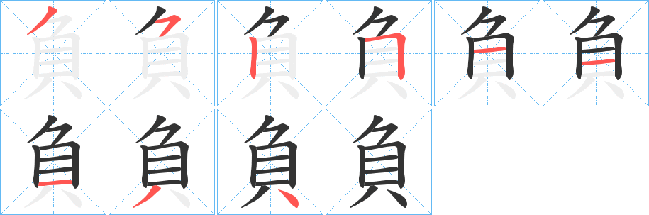 負(fù)字的筆順?lè)植窖菔?></p>
<p><span id=