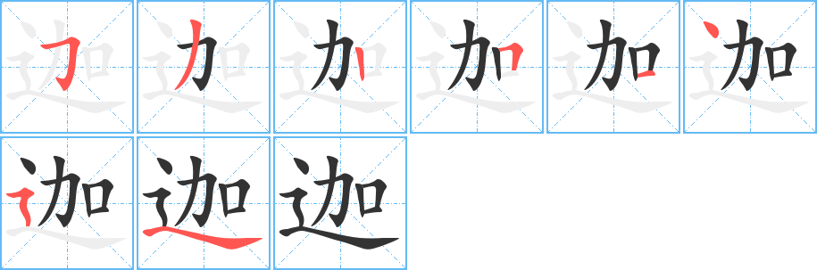 迦字的筆順?lè)植窖菔?></p>
<p><span id=